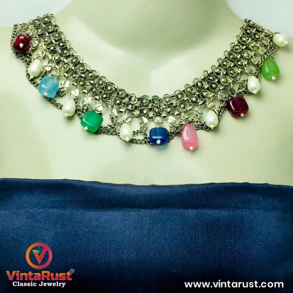 Multicolor Stones Choker Necklace, Silver Boho Choker With Pearls - Picture 5 of 9